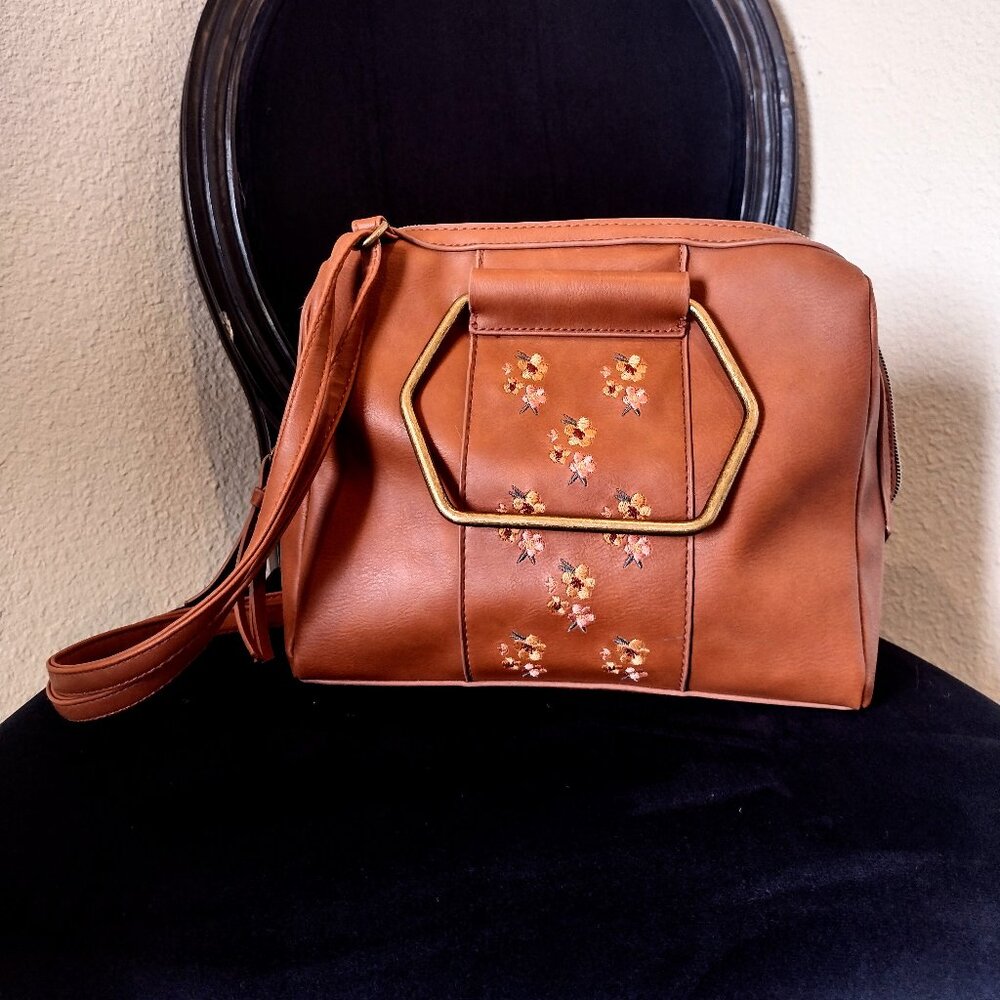 Floral embroidered- Faux leather adjustable strap purse Metal Hardware/Z…